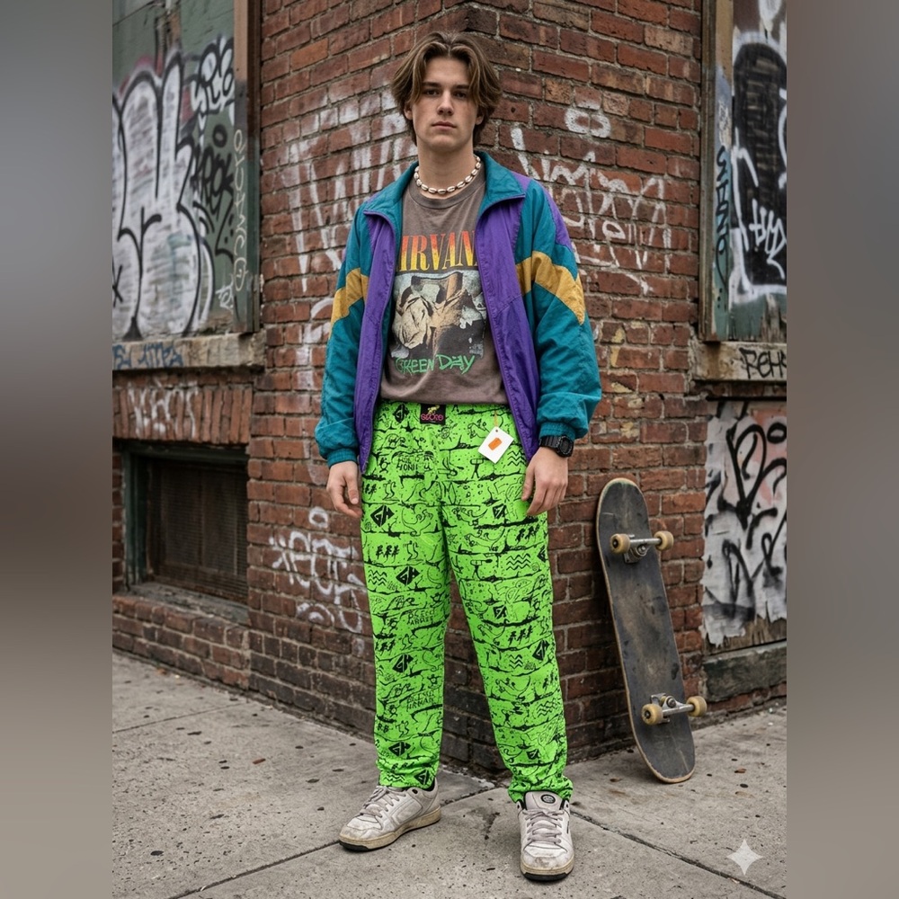Vintage 90s Gecko Hawaii MC Hammer Hawaiian Style Baggy‎ Neon Green Pants Retro